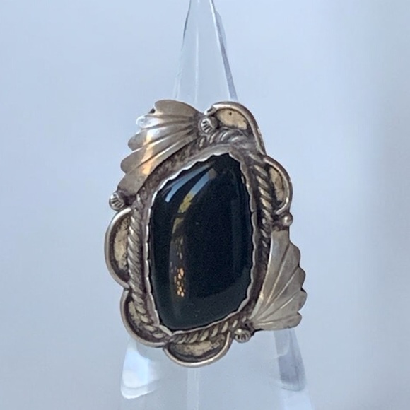 Signed PLATERO Native American Navajo Black Onyx Sterling Silver Ring Jewelry - Picture 2 of 9